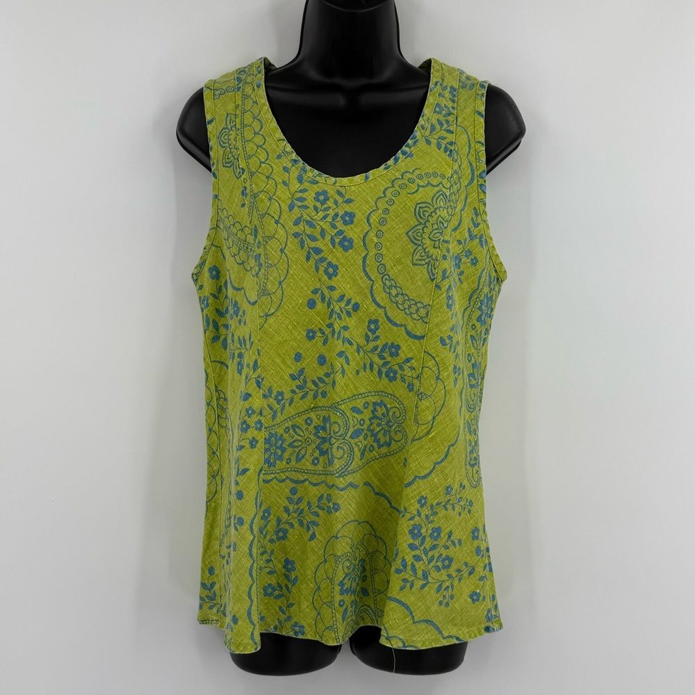 Flax Paisley & Floral Print Linen Tank Top in Chartreuse & Blue | Size Small